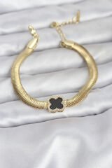 316L Çelik Gold Renk Siyah Yonca Model Zirkon Taşlı Yılan Zincirli Kadın Bileklik