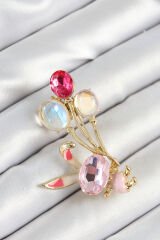 Zirkon Taşlı  Balonlu Pembe Tavşan Figürlü Gold Renk Kadın Broş