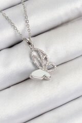 316L Çelik Zirkon Taşlı Kelebek Model Gümüş Renk Kadın Kolye