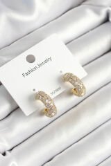 Pirinç Zirkon Taşlı Halka Model Gold Renk Kadın Küpe