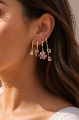 316L Çelik Gold Renk Pembe Zirkon Taşlı Lotus Detaylı Kadın Küpe Seti