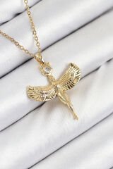 316L Çelik Zirkon Taşlı Melek Model Gold Renk Kadın Kolye