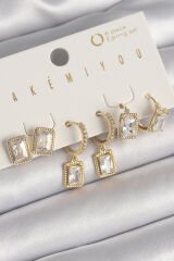 Pirinç Gold Renk Sallantı Kare Zirkon Taşlı VIP Seri Kadın Küpe Seti
