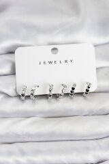 Gümüş Renk Pirinç Minimal Kalp Detaylı Kadın Küpe Seti