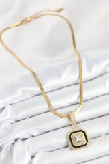 316L Çelik Zirkon Taşlı Siyah Detaylı Baget Model Gold Renk Kadın Kolye