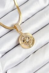 316L Çelik Zirkon Taşlı Pusula Model Gold Renk Kadın Kolye