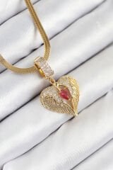 316L Çelik Zirkon Taşlı Kanatlı Kalp Model Gold Renk Kadın Kolye