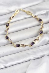 Pirinç Gold Renk Mor Zirkon Taşlı Çiçek Model Kadın Bileklik