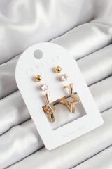 Pirinç Zirkon Taş Ve Yıldız Figürlü Gold Renk 3'lü Çift Kadın Küpe Set