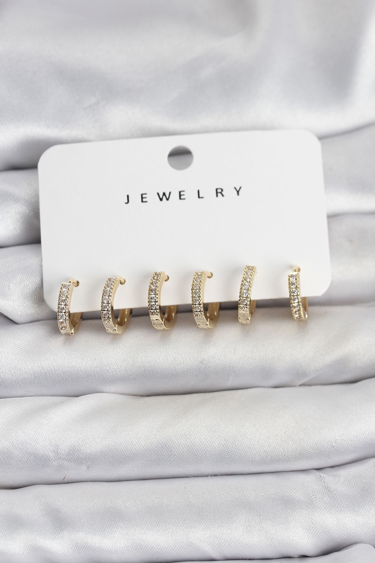 Gold Renk Pirinç Zirkon Taşlı Halka Kadın Küpe Seti