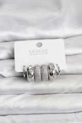 Zirkon Taşlı Pirinç Gümüş Renk Halka Kadın Küpe Seti