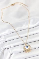 316L Çelik Zirkon Taşlı Nazar Model Gold Renk Kadın Kolye