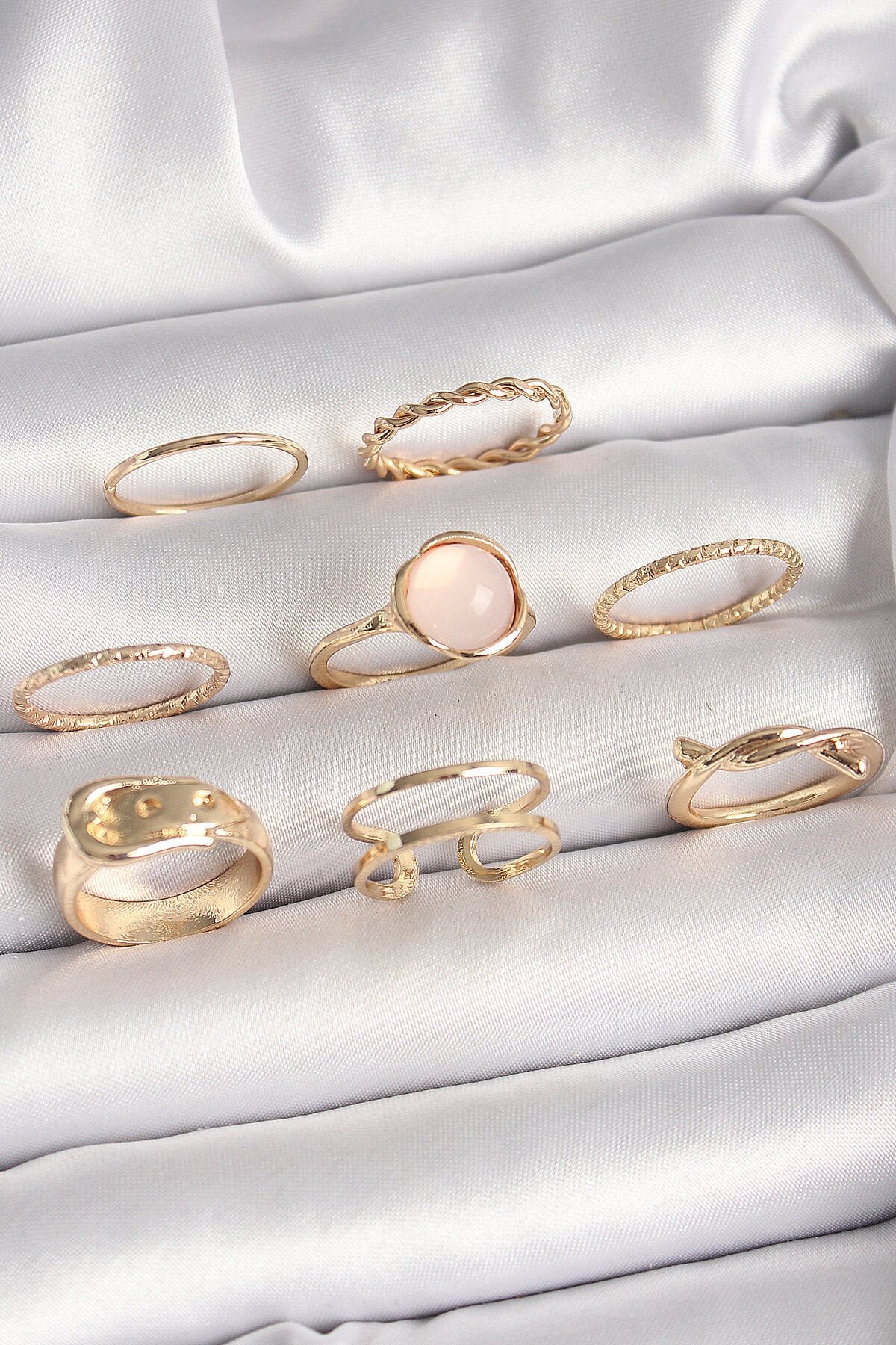 Pirinç Gold Renk Pembe Mineli Kemer Model Kadın Yüzük Kombini