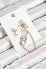 Pirinç Kelebek Figürlü Zirkon Taşlı Gold Renk 3'lü Kıkırdak Kadın Küpe Set