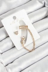 Pirinç Üçgen Figürlü Zirkon Taşlı Gold Renk 3'lü Kıkırdak Kadın Küpe Set