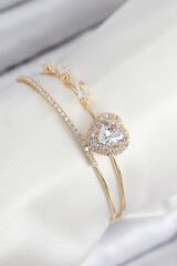 Pirinç Zirkon Taşlı Kalp Model Gold Renk Kadın Bileklik
