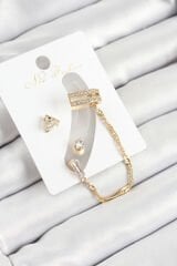Pirinç Üçgen Figürlü Zirkon Taşlı Gold Renk 3'lü Kıkırdak Kadın Küpe Set