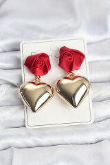 Pirinç Gold Kalpli Kırmızı Gül Model Kadın Küpe