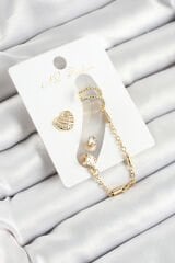 Pirinç Kalp Figürlü Zirkon Taşlı Gold Renk 3'lü Kıkırdak Kadın Küpe Set