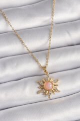316L Çelik Gold Renk Zincir Pembe Mineli Zirkon Taşlı Güneş Model Kadın Kolye
