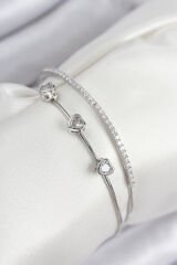 Pirinç Zirkon Taşlı Kalp Model Gümüş Renk Kadın Bileklik