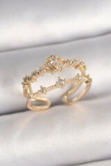 Pirinç Gold Renk Zirkon Taşlı Taç Model Ayarlanabilir Kadın Yüzük