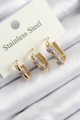 316L Çelik Zirkon Taşlı Dikdörtgen Model Gold Renk 3'lü Set Kadın Küpe