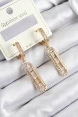 316L Çelik Zirkon Taşlı Sallantılı Messika Model Gold Renk Kadın Küpe