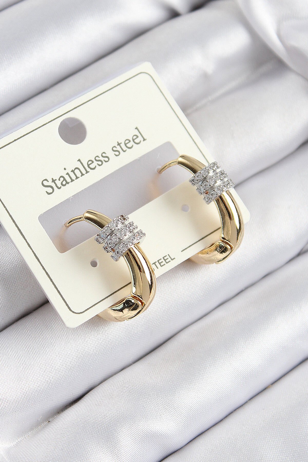 316L Çelik Zirkon Taşlı Halka Model Gold Renk Kadın Küpe