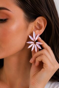 Pembe Renk Kristal Taşlı Lotus Model Kadın Küpe