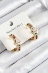 316L Çelik Renkli Zirkon Taşlı Kalpli Baget Halka Model Gold Renk Kadın Küpe