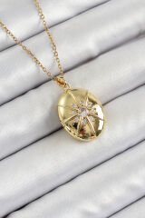 316L Çelik Zincir Açılabilir Madalyon Model Zirkon Taşlı Gold Renk Kadın Kolye