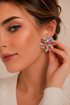 Karışık Renk Kristal Taşlı Çiçek Model Kadın Küpe