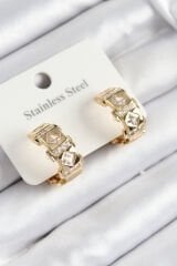 316L Çelik Zirkon Taşlı Halka Model Gold Renk Kadın Küpe