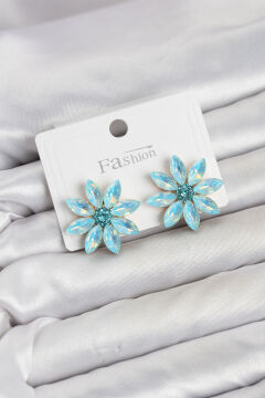 Buz Mavisi Renk Kristal Taşlı Lotus Çiçek Model Kadın Küpe