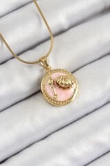 316L Çelik Zincir Pembe Mineli Sanatsal Portre İstiridye Model Gold Renk Kadın Kolye