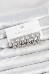 316L Çelik Gümüş Renk Zirkon Taşlı Halka Küpe Seti