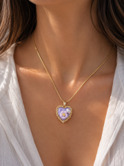 316L Çelik Zincir Mor Sanatsal Portre İnci Detaylı Papatya Figürlü Kalp Model Gold Renk Kadın Kolye