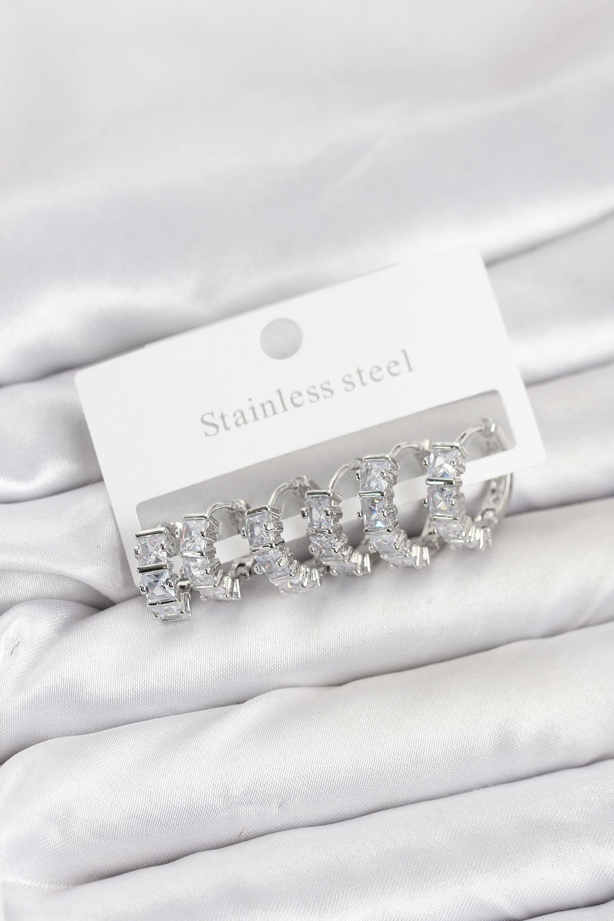 316L Çelik Gümüş Renk Baget Zirkon Taşlı Halka Küpe Seti