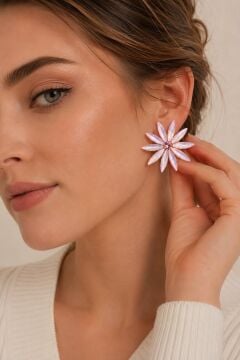Pembe Kristal Taşlı Lotus Model Kadın Küpe