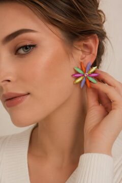 Karışık Renk Kristal Taşlı Lotus Model Kadın Küpe