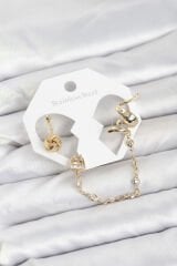 Pirinç Gold Renk Yılan Model Zincir Bağlantılı Ear Cuff Küpe Seti
