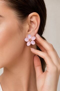 Pembe Renk Kristal Taşlı Çiçek Model Kadın Küpe
