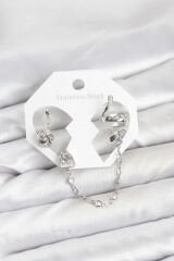 Pirinç Gümüş Renk Yılan Model Zincir Bağlantılı Ear Cuff Küpe Seti