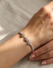 Pirinç Zirkon Taşlı Yonca Model Gümüş Renk Kadın Bileklik