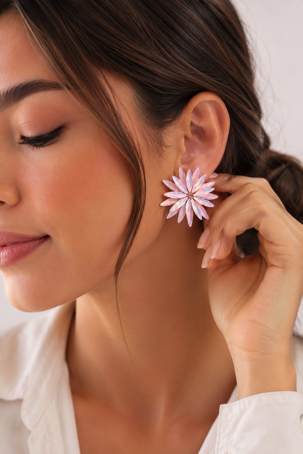 Lotus Model Pembe Renk Kristal Taşlı Kadın Küpe