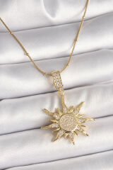 316L Çelik Gold Renk Zirkon Taşlı Sallantı Güneş Model Topçuk Detay Kadın Kolye