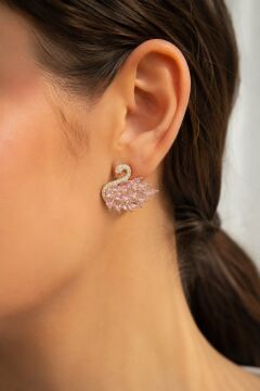 Pembe Zirkon Taşlı Gold Swan Kuğu Model Kadın Küpe