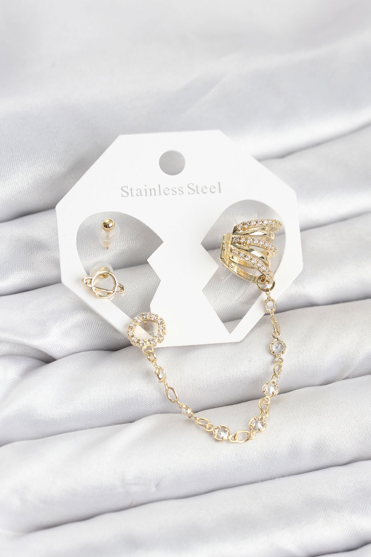 Uzay Model Pirinç Gold Renk Zincir Bağlantılı Ear Cuff Küpe Seti