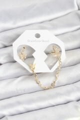 Kelebek Model Pirinç Gold Renk Zincir Bağlantılı Ear Cuff Küpe Seti